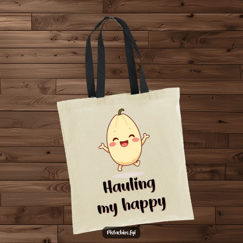 Funny pistachio tote bag featuring a joyful character mid-hop, ideal for carrying essentials with humor. A great funny gift.