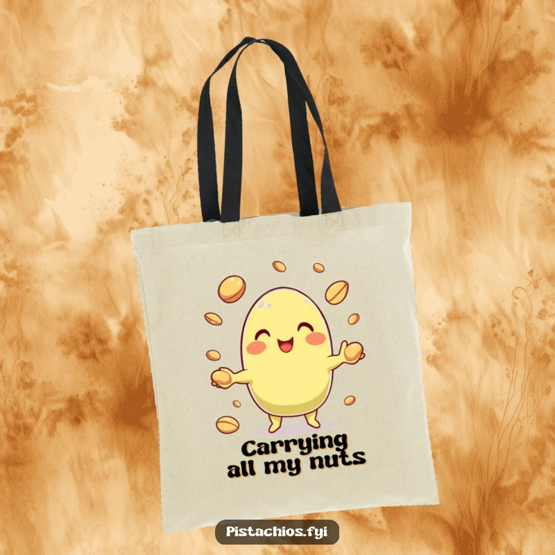 Funny Pistachio Tote Bag showcasing a happy character juggling nut shells, a practical and humorous accessory.