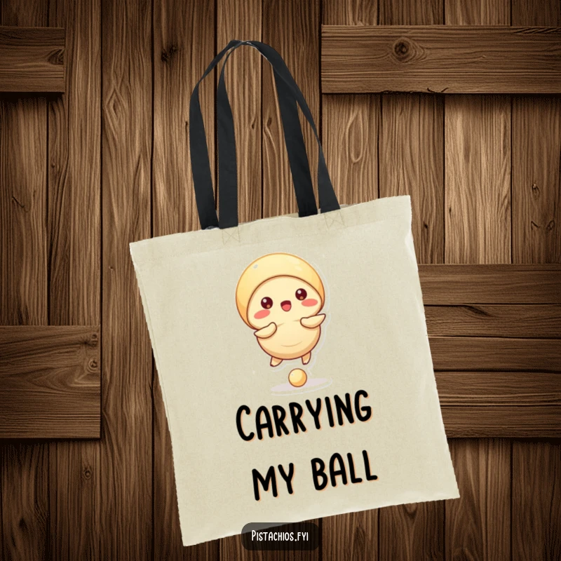 Funny tote bag with a pistachio character skillfully bouncing a tiny ball using its shell, highlighting its athletic prowess.