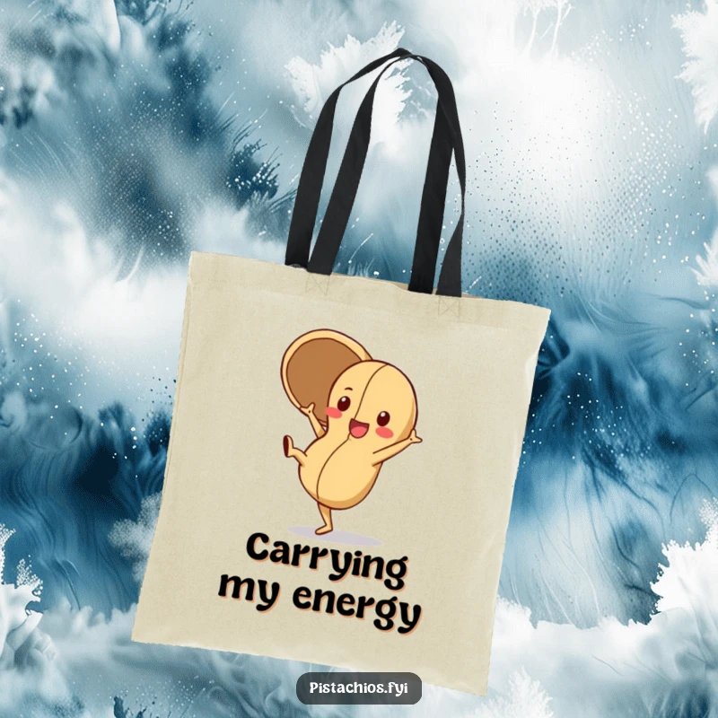 Funny Tote Bag featuring a playful peanut character doing a cartwheel with its shell open, perfect for carrying items with energy and humor.
