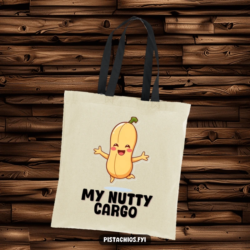 Funny smiling peanut character doing a joyful jump on a tote bag, showcasing energetic humor and snack-themed happiness.