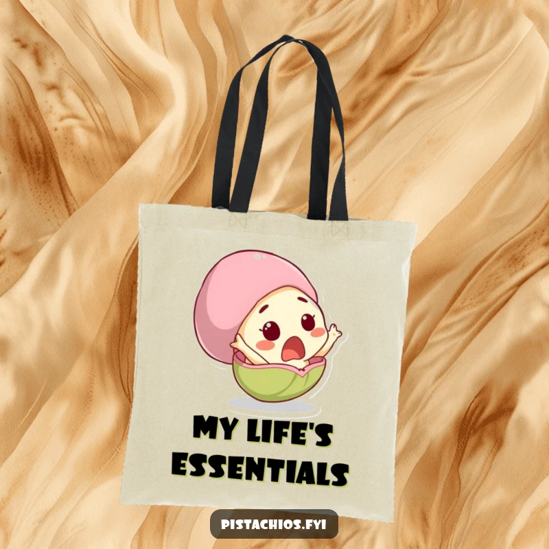 Funny tote bag featuring a surprised pistachio character comically leaping from its shell, a vibrant and humorous accessory.