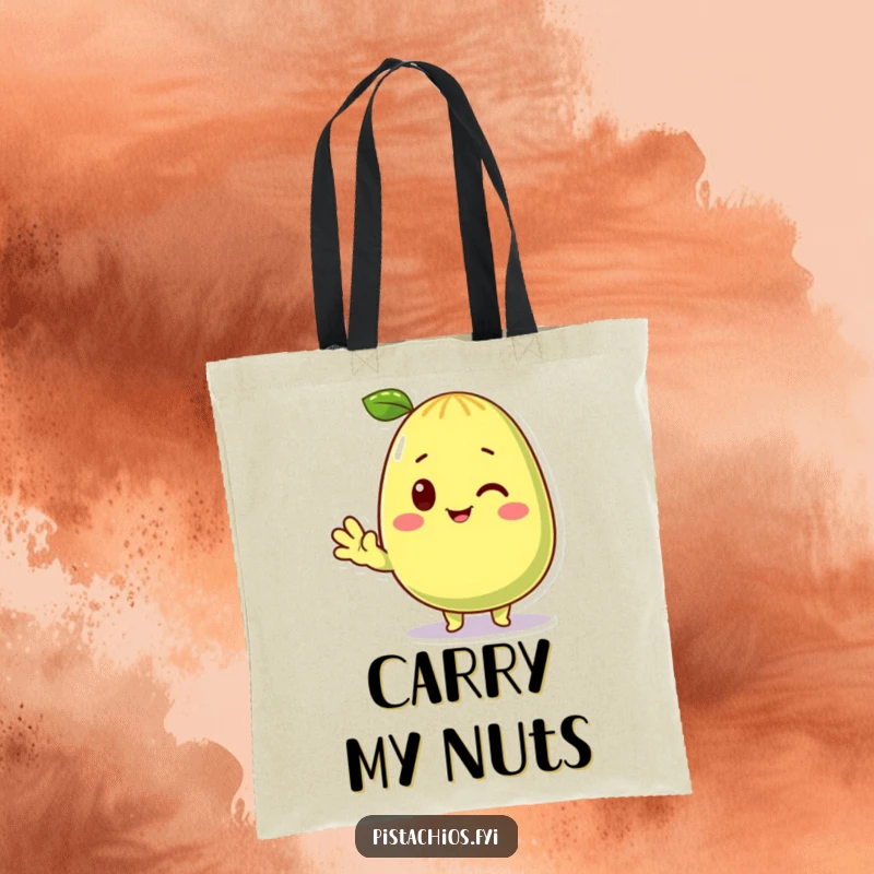 Funny Tote Bag with a cute pistachio character waving hello. An ideal funny gift for snack lovers and anyone who appreciates quirky items.