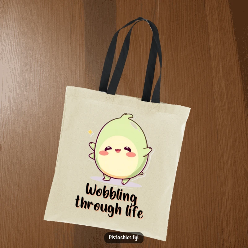 Funny tote bag showcasing a wobbly pistachio character in a playful wobble, ideal for carrying items with a touch of humorous instability.
