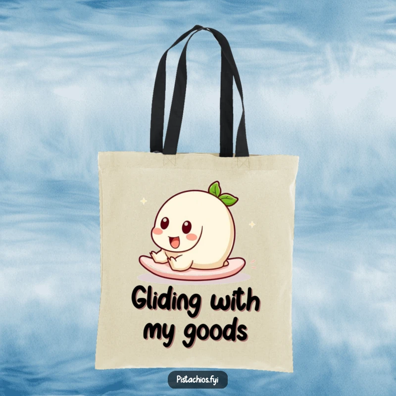 Funny tote bag with a pistachio character playfully sliding. This humorous and practical bag is ideal for carrying everyday items with a fun vibe.