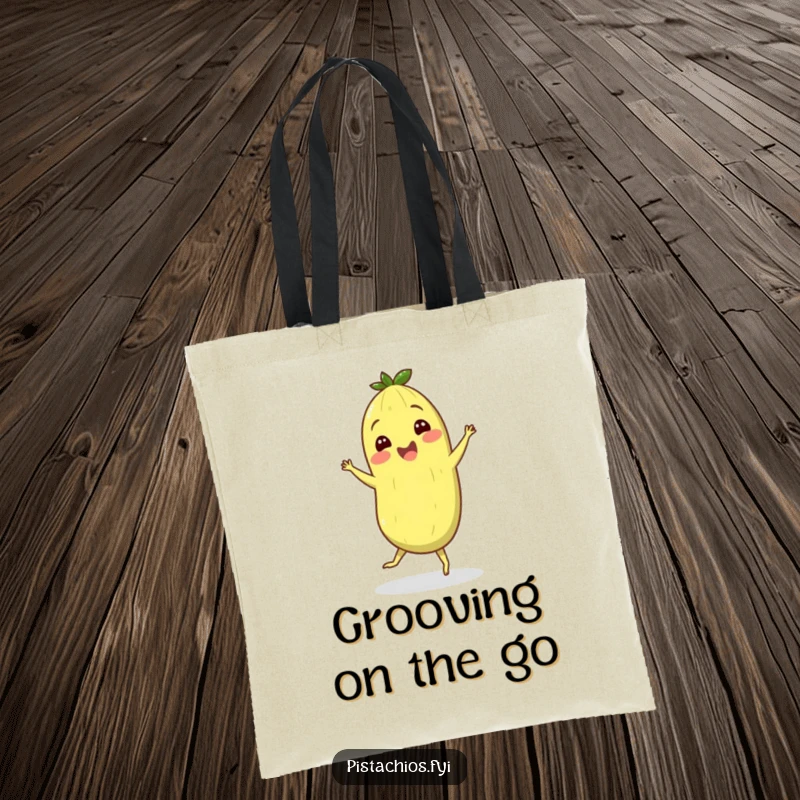 Funny tote bag featuring a cheerful pistachio character performing a silly jig, perfect for carrying daily essentials.