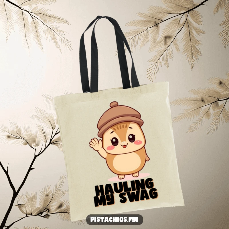 Funny Tote Bag featuring a cheerful hazelnut character wearing a tiny hat and waving, adding a touch of whimsy to everyday tasks.