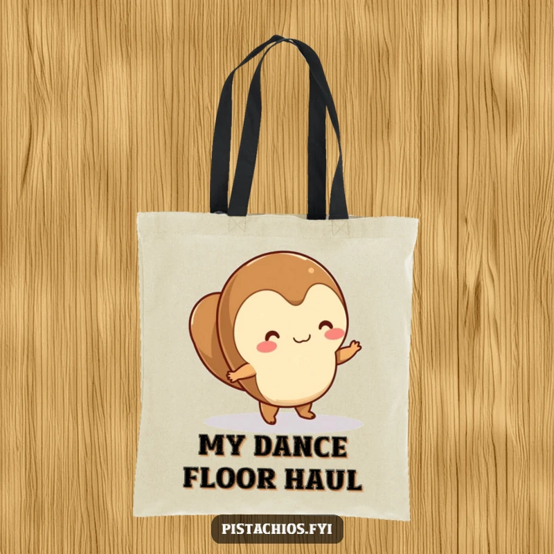 Funny hazelnut character dancing enthusiastically on a smooth surface, perfect for errands on a tote bag.