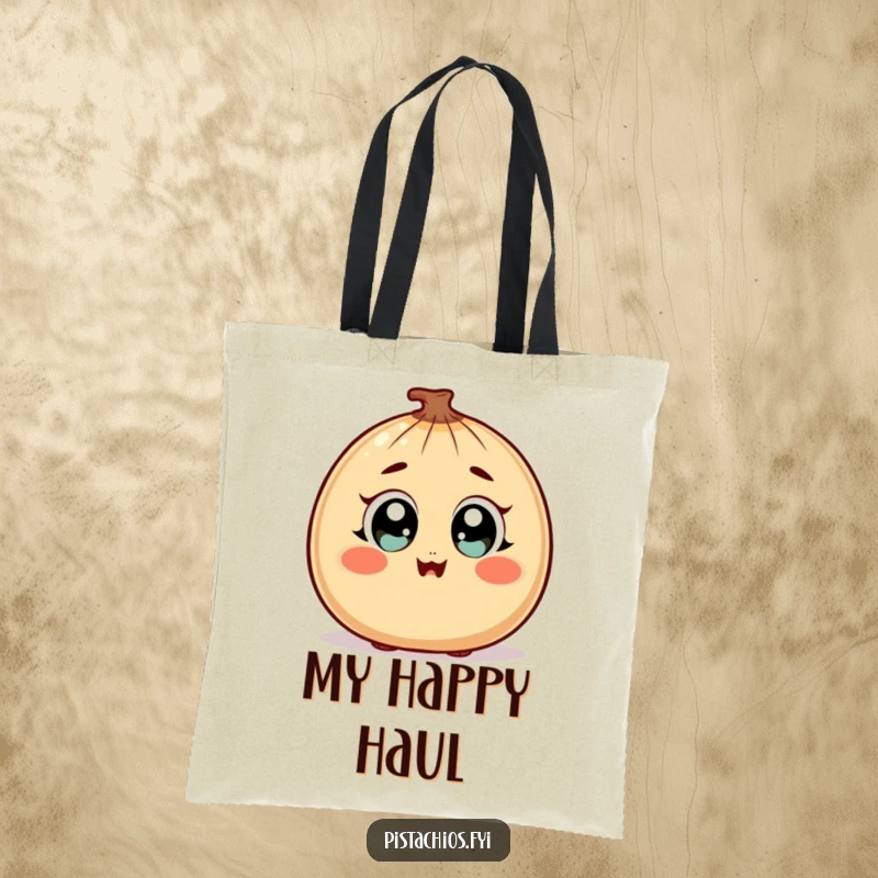 Funny Tote Bag showcasing a surprised nut character with wide, happy eyes and a blush, perfect for charmingly carrying essentials.