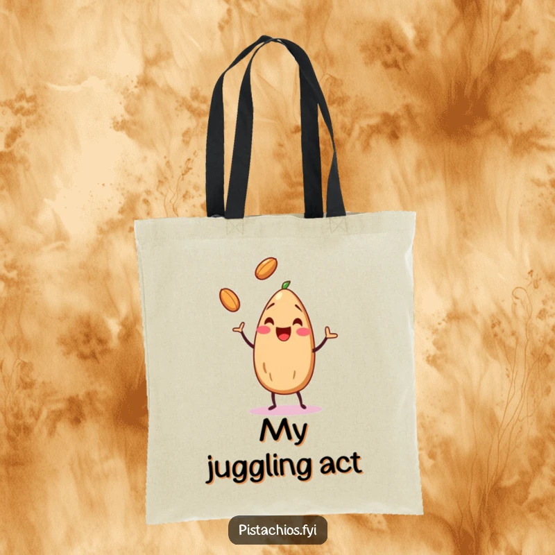 Funny almond character juggling three tiny nuts with glee, perfect for carrying essentials on a tote bag.