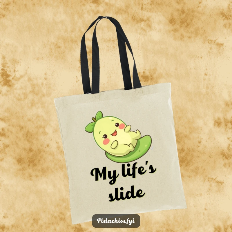 Funny Pistachio Slide Tote Bag featuring a character sliding gleefully, a humorous and practical accessory for fun.