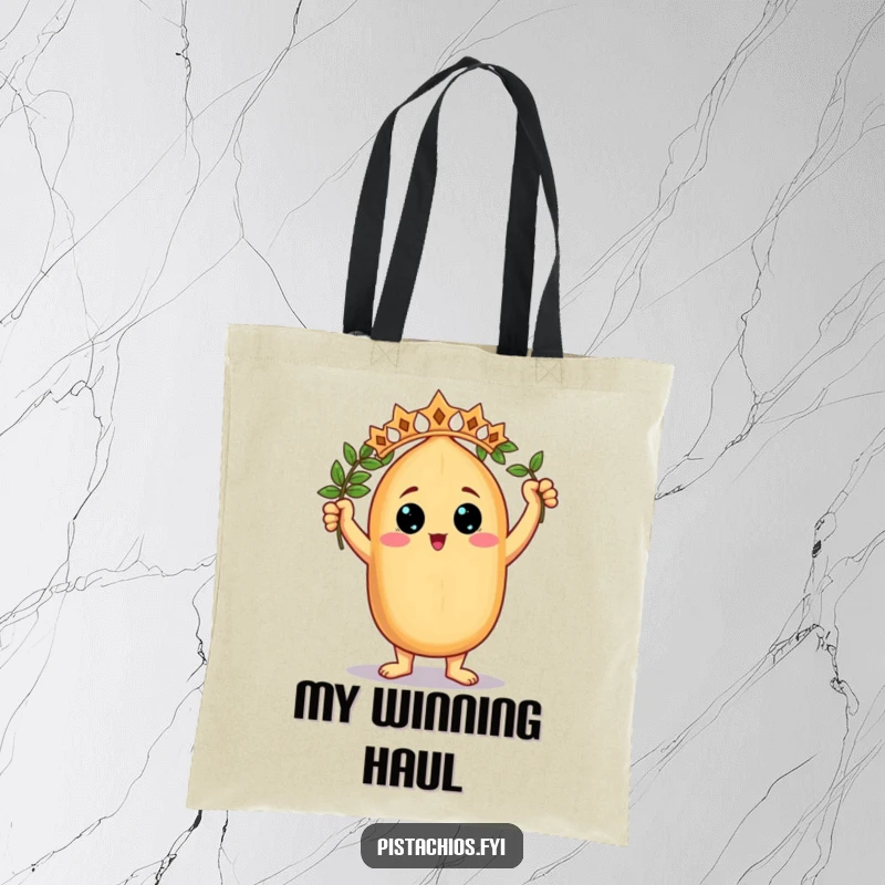 Funny Tote Bag: A triumphant nut character holding a laurel wreath, symbolizing success and perfect for carrying your daily essentials.