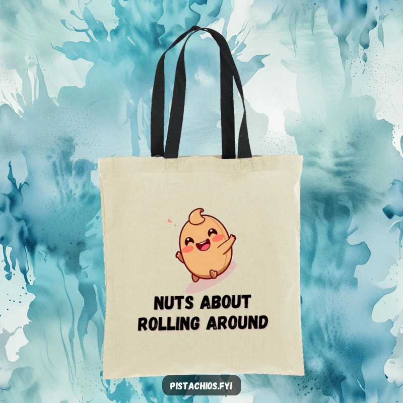 Funny Tote Bag: A Giggling Hazelnut Character Joyfully Rolling Downhill with a Gleeful Expression.